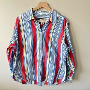 Talbots Striped Button Down Shirt Top 1x Blue Coral Womens All Cotton Preppy